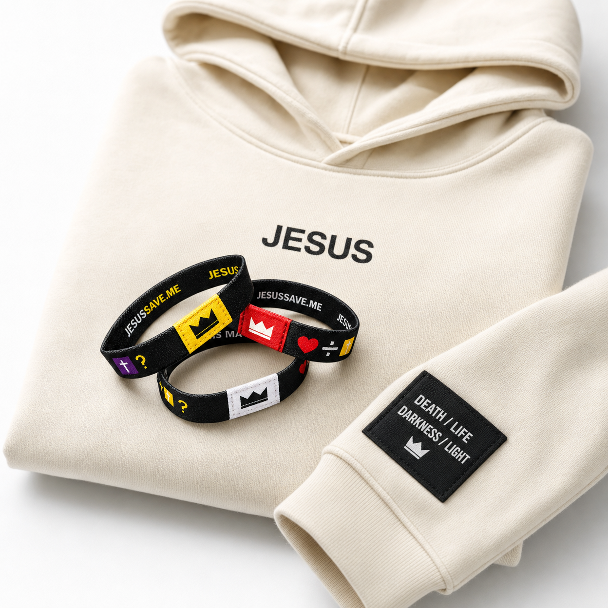 The Evangelist Bundle detail - Jesus hoodie with DEATH LIFE DARKNESS LIGHT sleeve patch and TAP wristbands