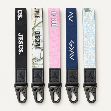 Five Gospel TAP Keychains with fabric strap, leather tab, and metal clip, tap to share the gospel