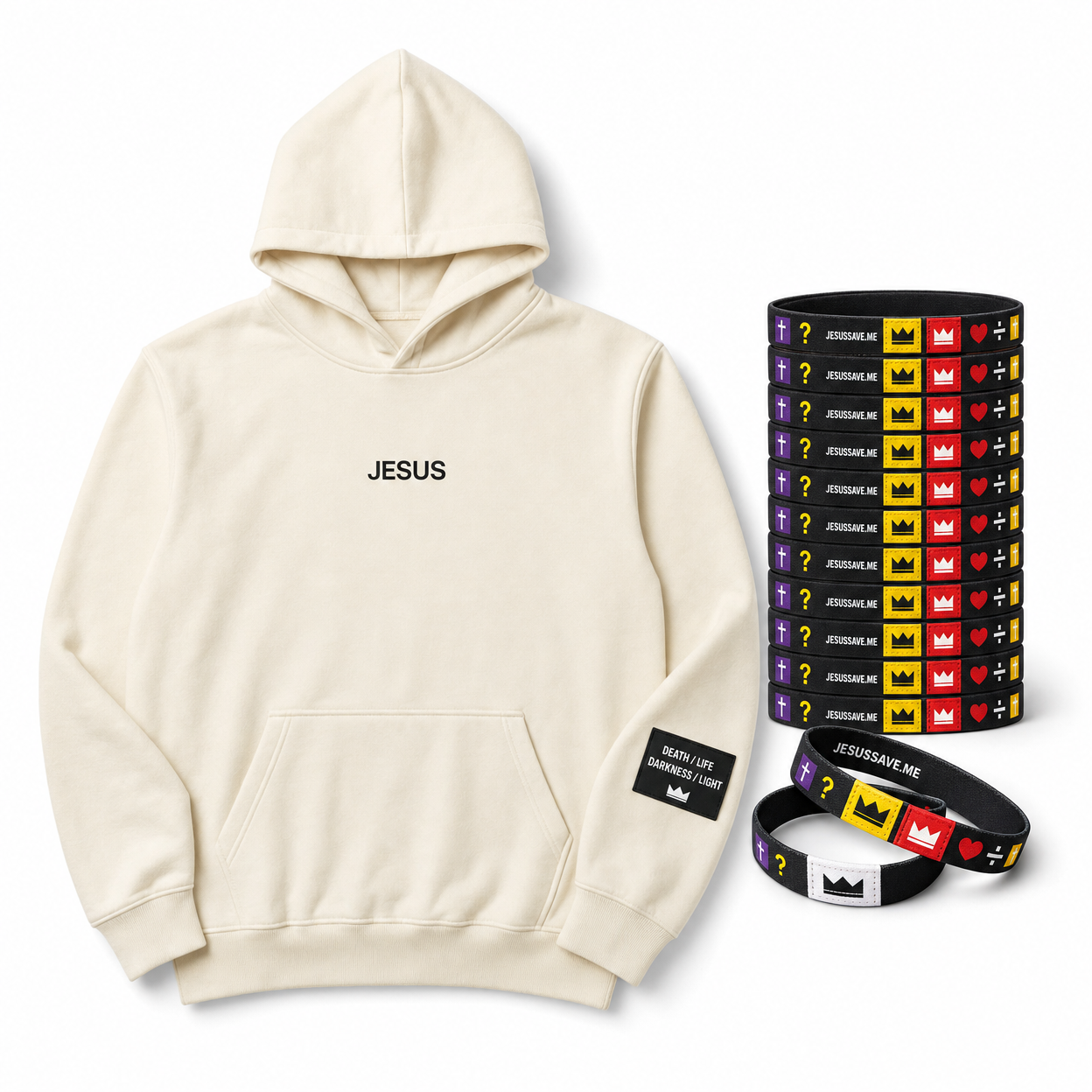 The Evangelist Bundle - Jesus Changes Everything Hoodie with 25 TAP Wristbands flat lay